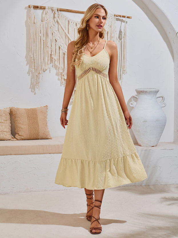 Summer V-Neck Cutout Fresh and Light Style Long Slip Dress for Women