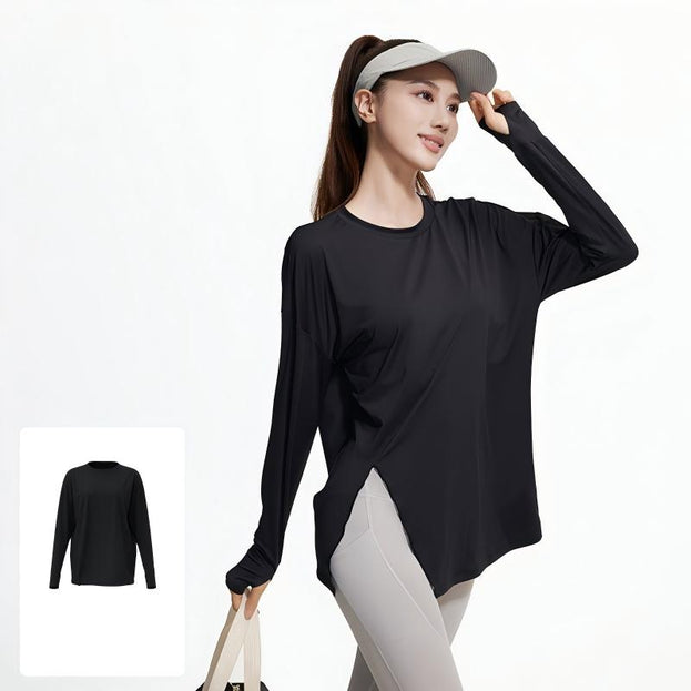 Loose-Fitting Yoga Fitness Long-Sleeved Top with Slit Opening