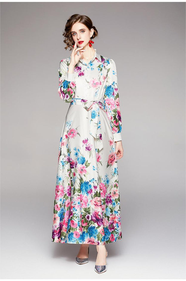 Fashion Waist-Close Thin Belt Positioning Printed Dress