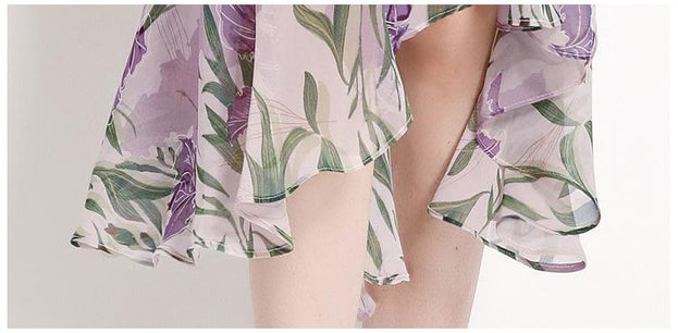 Printed Chiffon Fold Waist Slimming Lantern Sleeve Dress Long Skirt