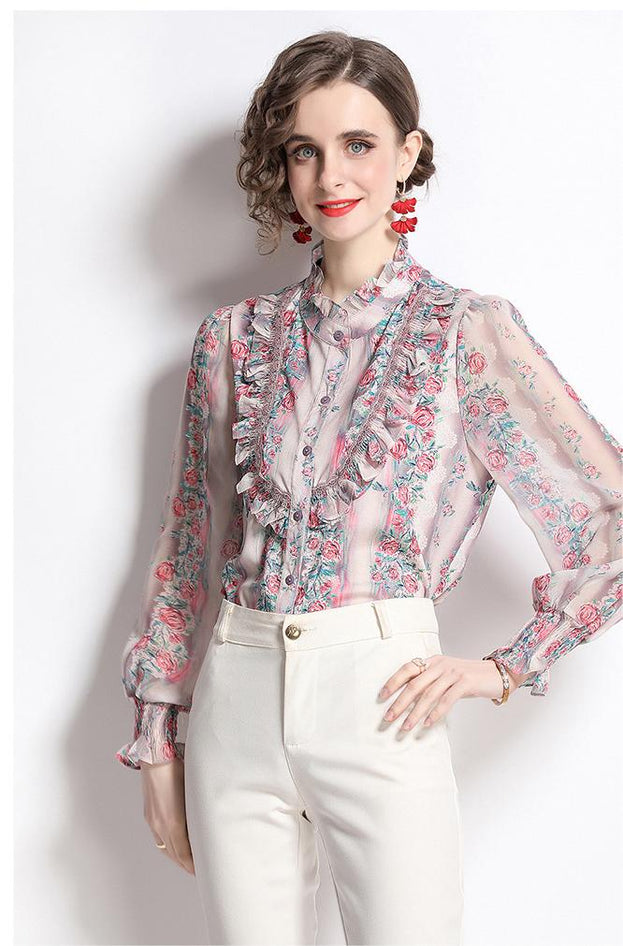 Vintage Printed Stand Collar Long Sleeve Top With Wooden Ear Edge