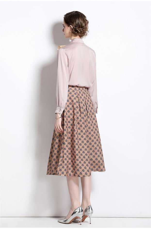 New Women's Temperament Retro Lapel Long-Sleeved Shirt and Mid-Length Skirt Two-Piece Suit