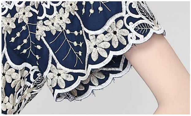 Temperament Elegant V-Neck Short Sleeve Embroidered Wide Leg Shorts Fashion Casual Jumpsuit