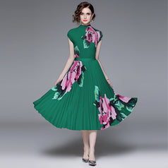 Vintage Print Pleated Short Sleeve Top and Pleated Skirt Fashion Two-Piece Suit
