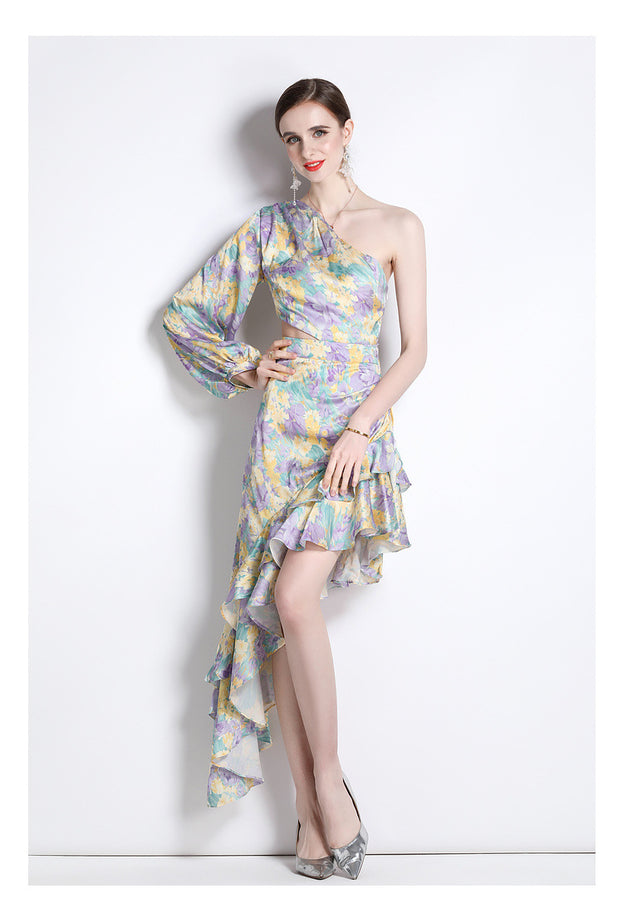 Fashion Printed Dress Satin Diagonal Shoulder Lotus Leaf Irregular Resort Long Skirt