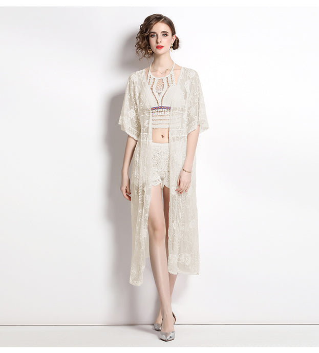 Lace Embroidery Mid-Length Sunscreen Cardigan Three-Piece Vest Set Wide Leg Pants