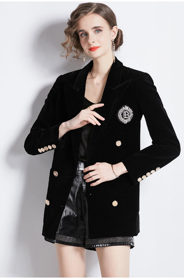 Black Canary Velvet Casual Double-Breasted Loose Mid-Length Blazer Coat