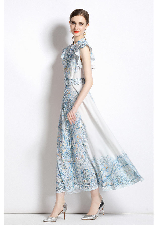 Vintage Fashion Print Dress Single Breasted Large Swing A-Line Skirt