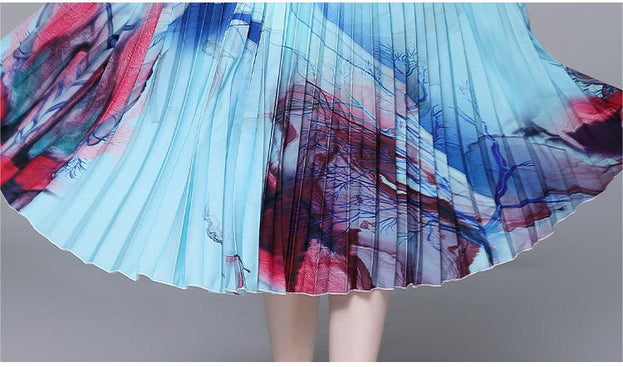 High Stretch Top and Printed Pleated Skirt Two-Piece Suit