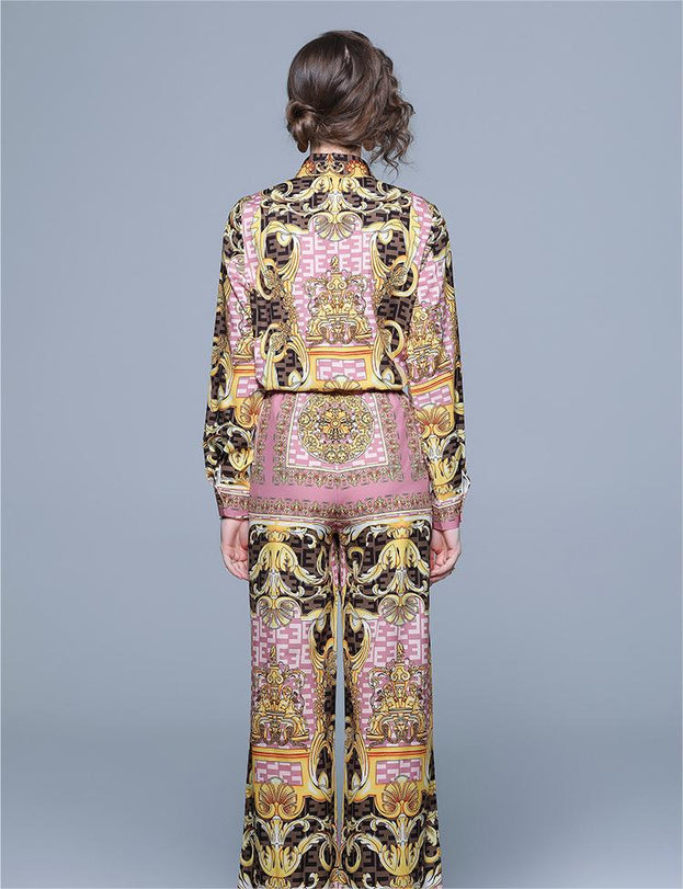 Printed Long-Sleeved Shirt Wide-Leg Pants Suit Women's Two-Piece Autumn Clothes New
