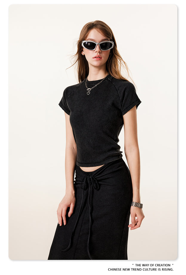 Summer Retro Round-neck Short-sleeved Crop Navel Maillard Color TOP