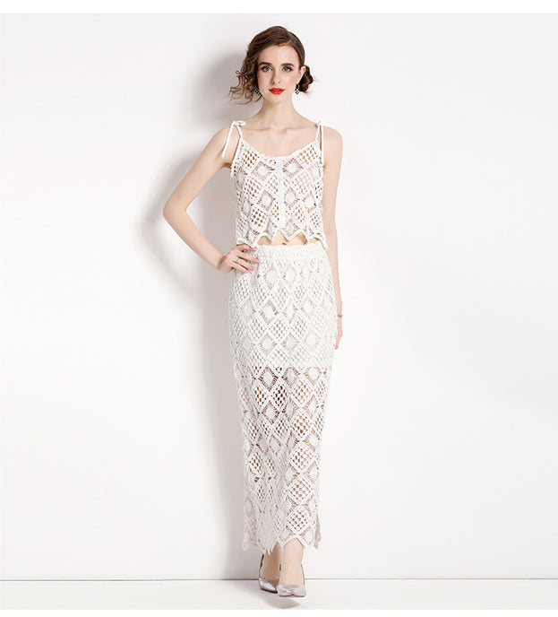 Hook Floral Embroidery Lace Hollowed Out Short Style Suspender and Bag Hip Split Half Dkirt Two-Piece Set