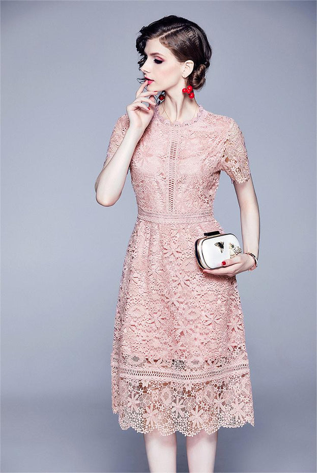 Water-Soluble Lace  Stitching Temperament Hook Flower Hollowed Out Short-Sleeved Dress