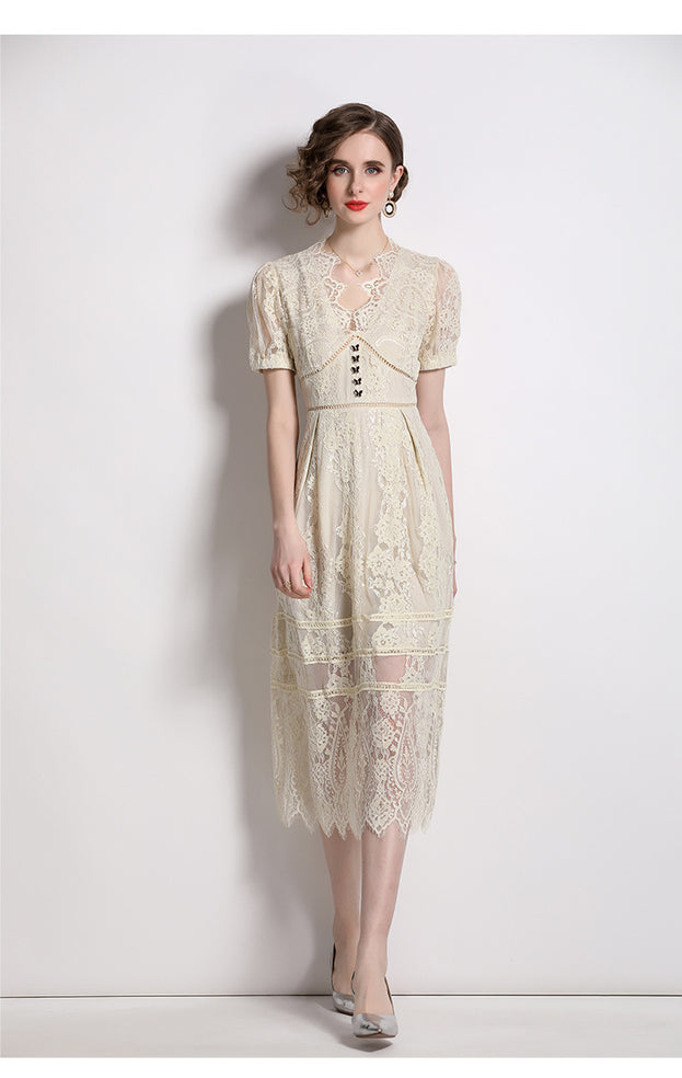 Solid Color Lace V-Neck Short Sleeve Bow Button Long Skirt Dress