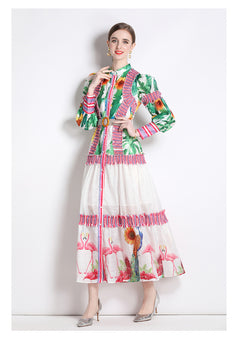 Resort Style Print Long Skirt Retro Fashion Sweet Lantern Sleeve Color Bump Stand Collar Dress