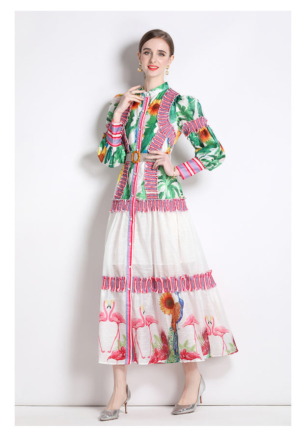 Resort Style Print Long Skirt Retro Fashion Sweet Lantern Sleeve Color Bump Stand Collar Dress