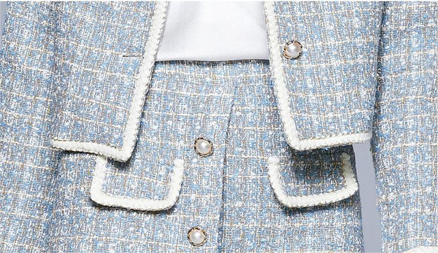 Women's Tweed Long Sleeve Coat and Short Skirt Temperament Two Piece Suit Skirt