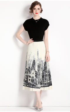 Black Knit and High-Waisted Printed Skirt Two-piece Set Dress