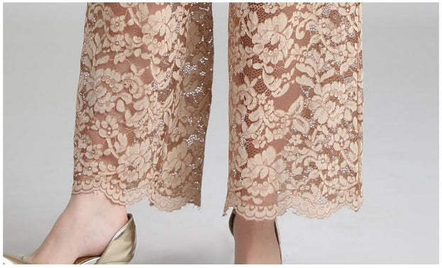 Lace Jumpsuit Women's Autumn Clothes New European and American Sexy V-neck Lace-Up Show Thin Trousers Wide Leg Pants