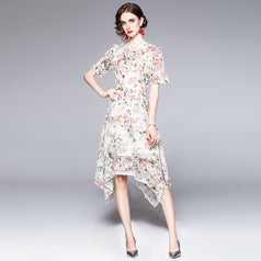 Printed Embroidery Hollowed Out Fashion Irregular Dress