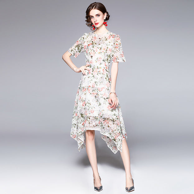 Printed Embroidery Hollowed Out Fashion Irregular Dress