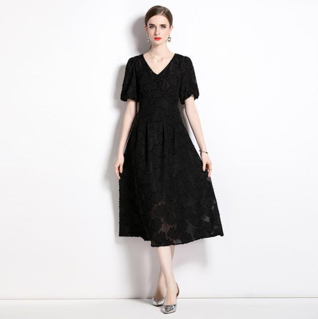 Temperament Jacquard V-Neck Slim Slimming Skirt Dress with Bubble Sleeves