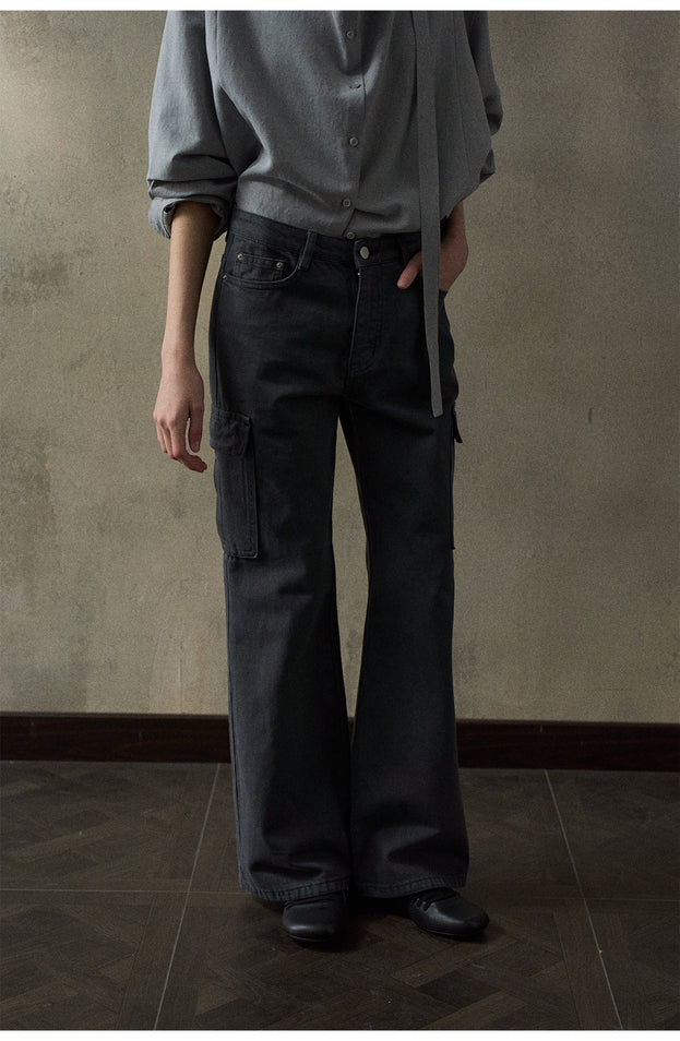 Trendy And Retro Denim Workwear Flared Pants, Mid-waist  Casual Women's Pant