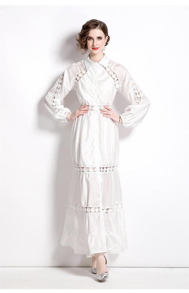 Girl Style Lapel Lantern Sleeve Single-Breasted Water-Soluble Lace Splicing Striped Long Dress