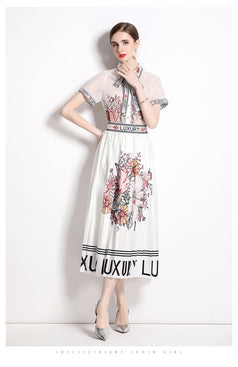 Fashion Vintage Printed Lapel Shirt Large Swing Pleated Skirt Fashion Suit
