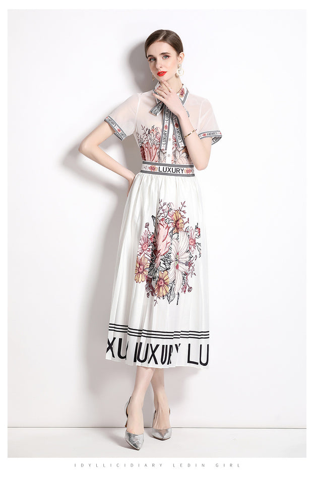 Fashion Vintage Printed Lapel Shirt Large Swing Pleated Skirt Fashion Suit