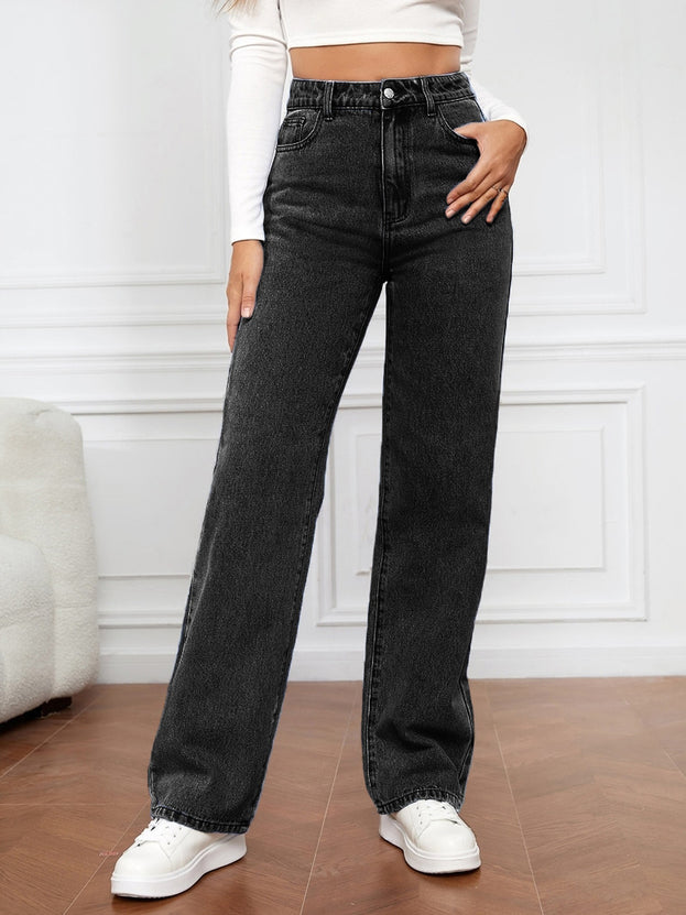 Summer Fashion Casual Loose Hight-Waist Washed Straight Denim Pant for Women