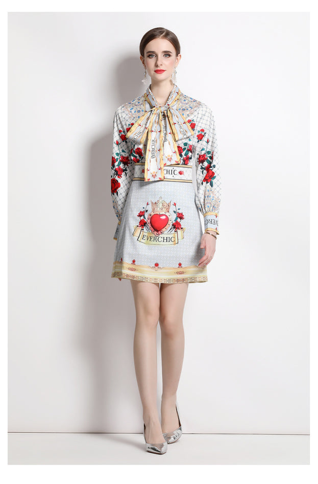 Women's Printed Bow Tie Long-Sleeved Shirt and Elegant High-Waisted Skirt Two-Piece Suit