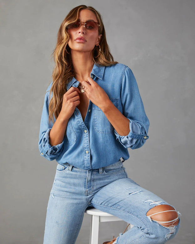 Fashion Casual Versatile Loose Polo-Neck Long Sleeve Denim Blouse for Women
