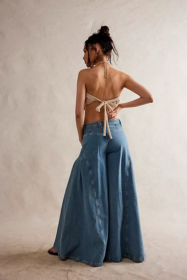 Fashion Casual Vintage-Style Middle-Waist Wide-Leg Denim Pant for Women