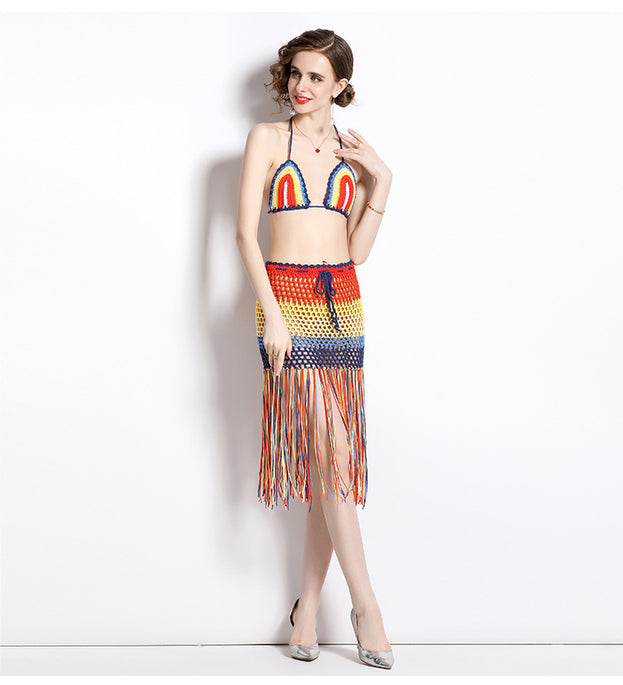 Hollowed Out beach Holiday Style Fashion Hanging Neck Wipe Chest Suspender and High Waist Tassel Sexy Bag Buttock Skirt Suit