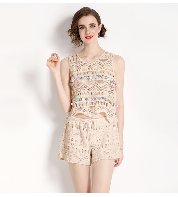 Knitted Hollowed Out Vest Loose Tassel Hook Floral Vest Top and Shorts Two-Piece Suit