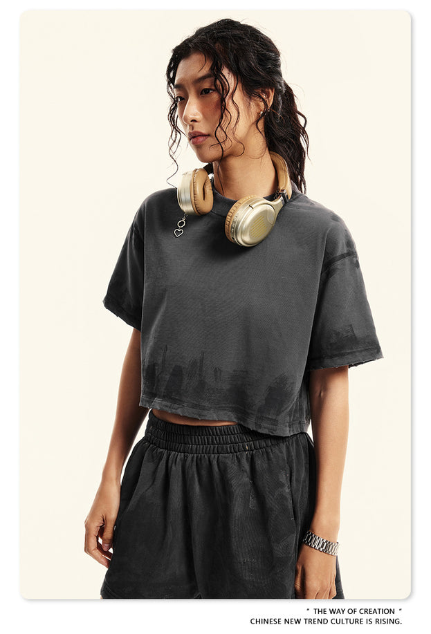 Summer Solid-color Sweat-absorbing Mud Dyed Aged Off-the-shoulder Top