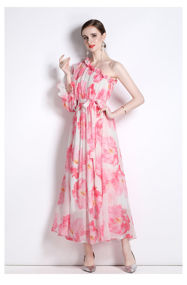 Printed Dress Chiffon Diagonal Shoulder Beach Skirt Seaside Holiday Maxi Skirt