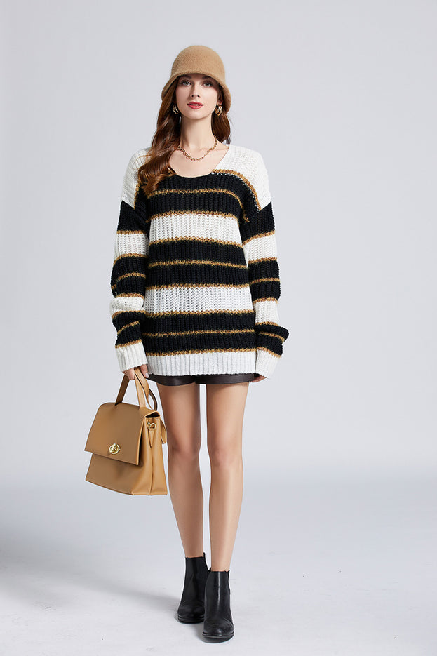 Striped Loose Slimming Color Pullover Sweater Crewneck Long-Sleeved Sweater