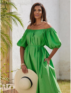 Summer French-Style Casual Elegant with Pocket Puff-Sleeved Dress for Women