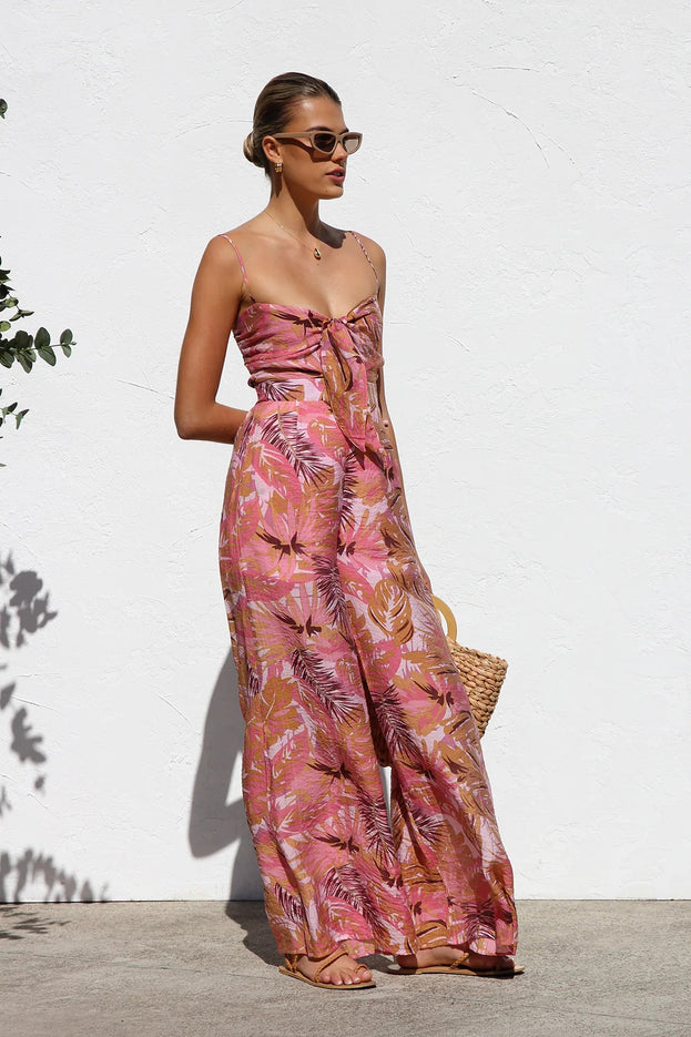Summer Fashion Printed Waisted Wide-Leg Slip Jumpsuit for Women