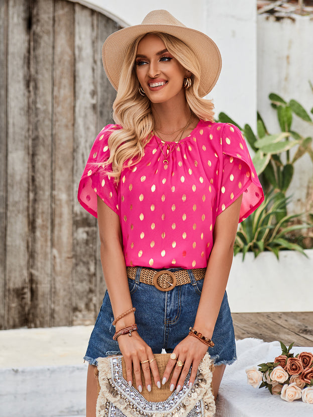 Summer Round-Neck Casual Loose Polka Dots Short Sleeve Top for Women