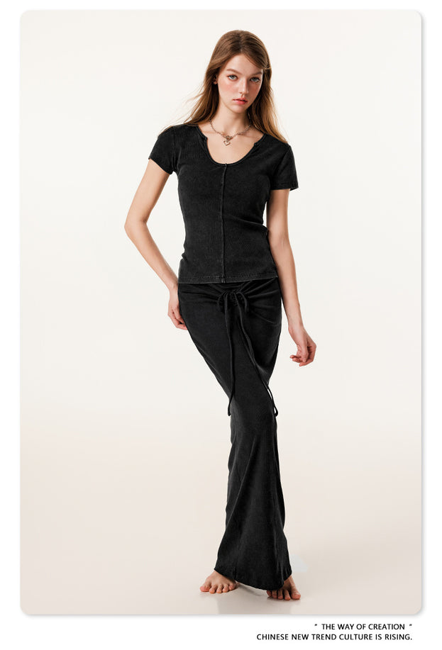 Summer Solid-color Waist-cinched U-neck Skin-friendly Top