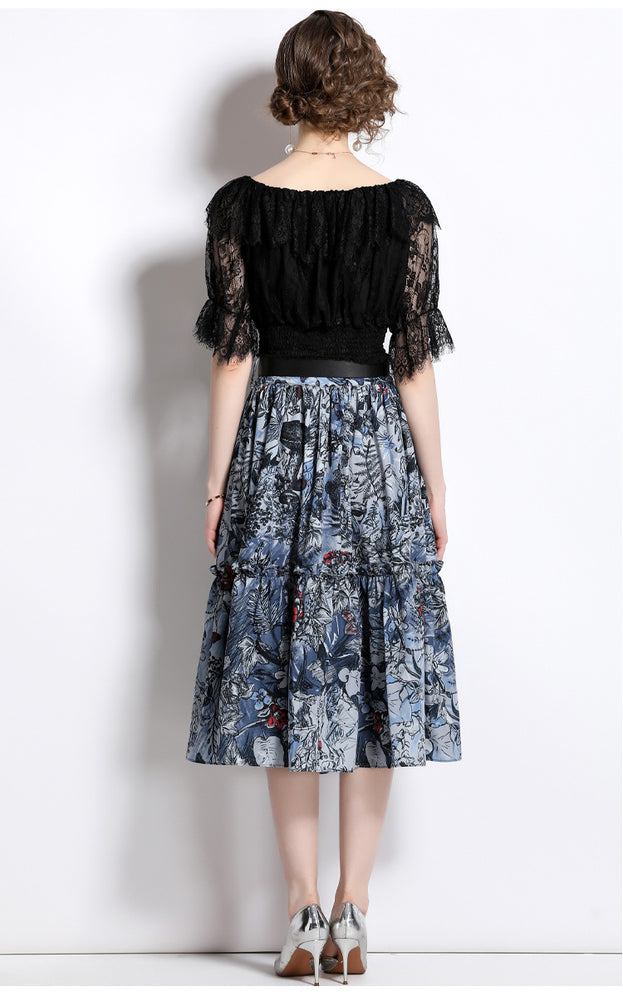 Women's One-Line Neck Lace Top and Vintage Printed Half Skirt Two-Piece Suit