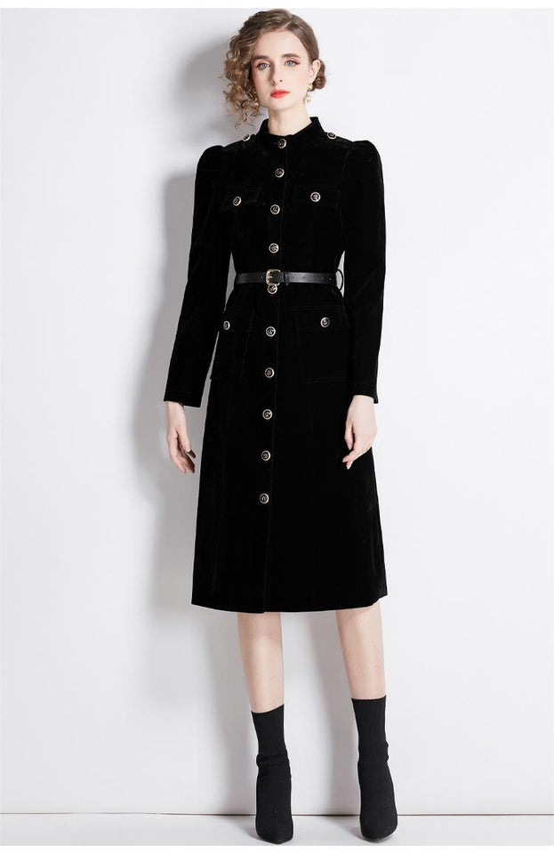 Temperament Retro Long-Sleeved Thickened Velvet Outerwear Dress