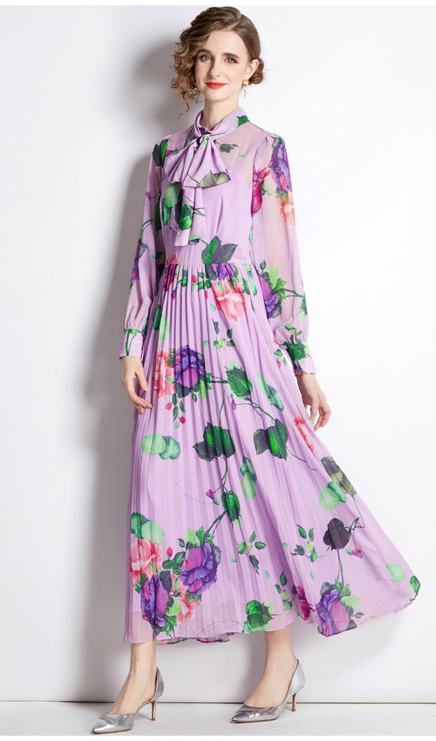 Vintage Floral Long-Sleeved Long Skirt Pleated Skirt Slim Dress