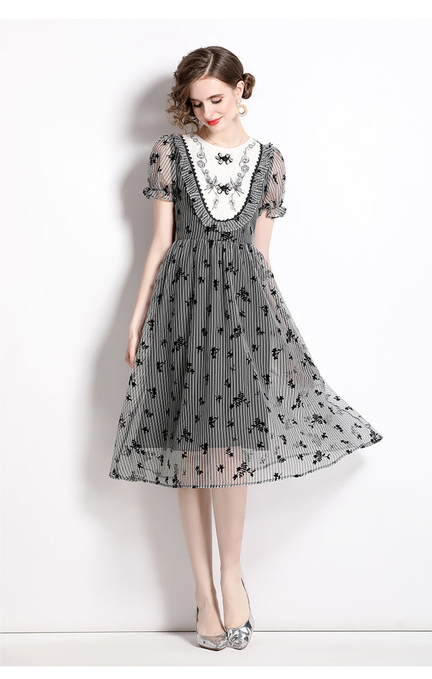 Temperament Elegant Round Neck Bubble Short Sleeve Slim Mid-Length Dress