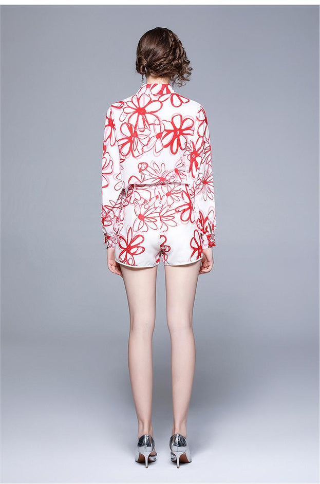 Lapel Chiffon Print Slim Temperament Fashion Shirt and Shorts Suit