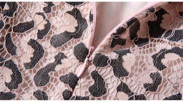 Vintage Leopard Print Lace Seven-Point Sleeve Slim MIDI Dress
