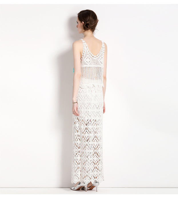 Resort Wind Hook Flower Embroidery Hollowed Out Vest Top and Long Half Skirt Two-Piece Set
